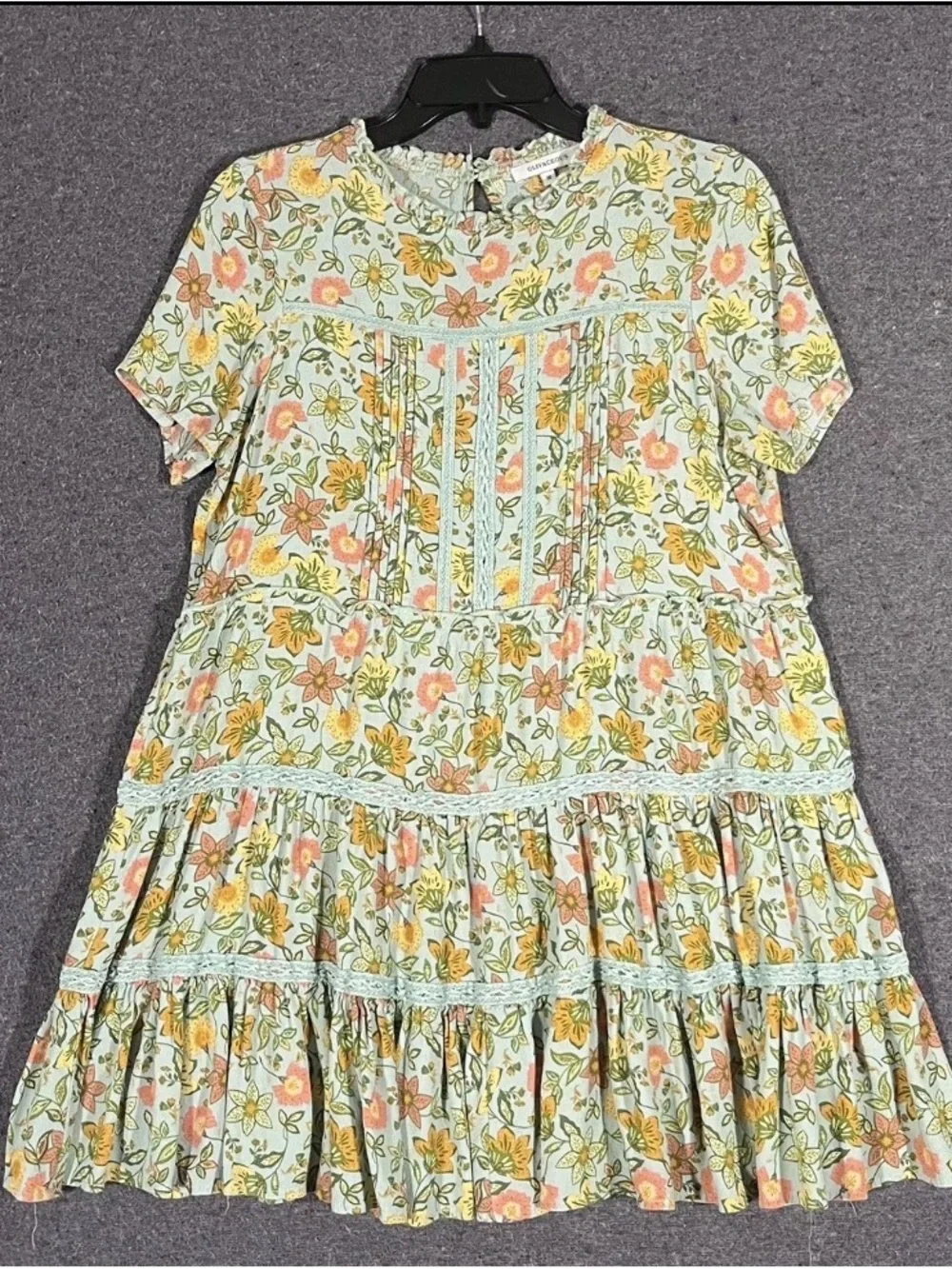 Olivaceous Mint Green Floral Tiered Dress with Pink & Yellow Blooms